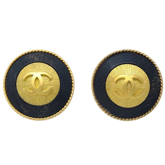 Chanel Button Earrings Clip-On Black 94P 181879 - Picture 1 of 4